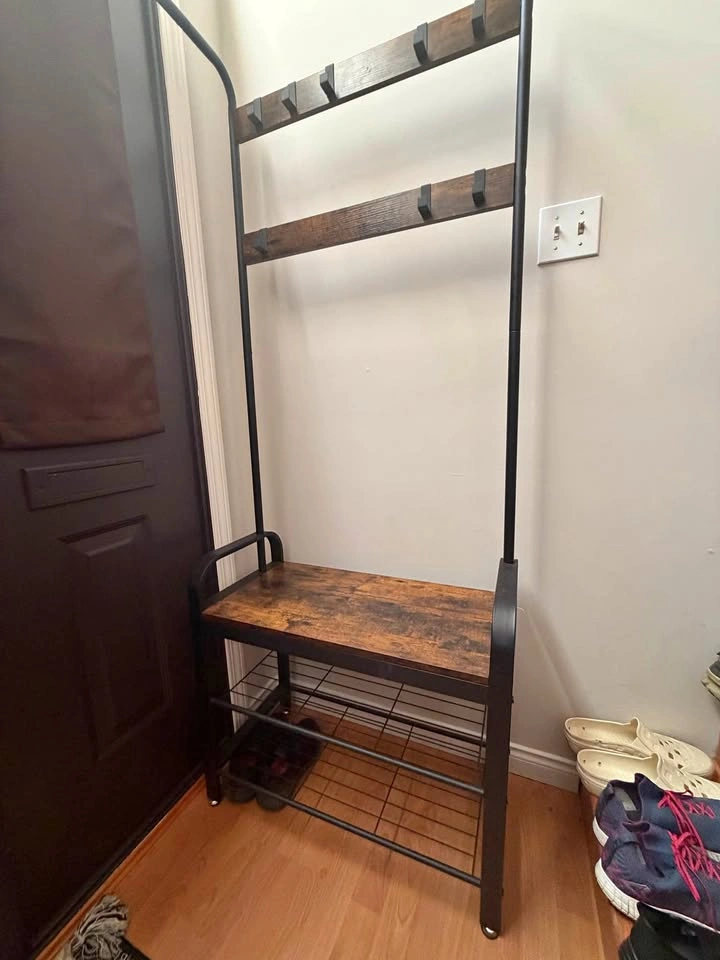 Industrial Entryway Hall Tree with Bench, Coat Hooks & Shoe Rack