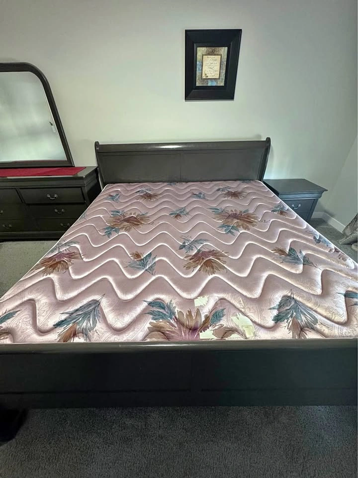 King Size Bed Set with Mattress, Side Table, and Dresser