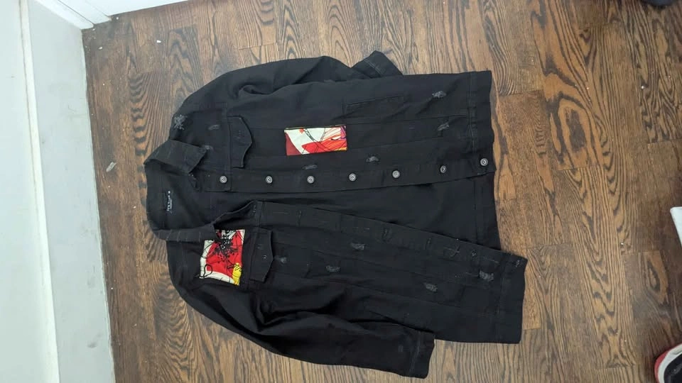 Black Denim distressed abstract design piece - photo 2