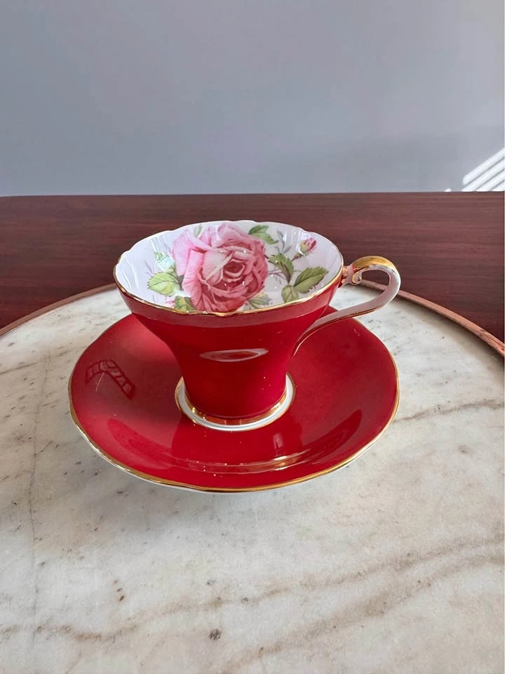 Aynsley Red Tea Cup and Saucer with Pink Rose