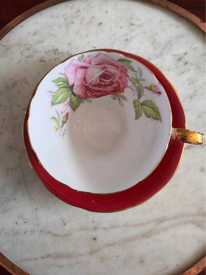 Aynsley Red Tea Cup and Saucer with Pink Rose - photo 2