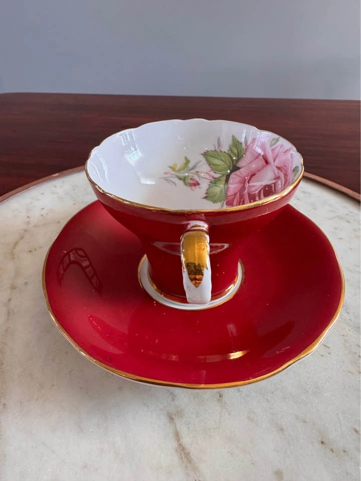 Aynsley Red Tea Cup and Saucer with Pink Rose - photo 3