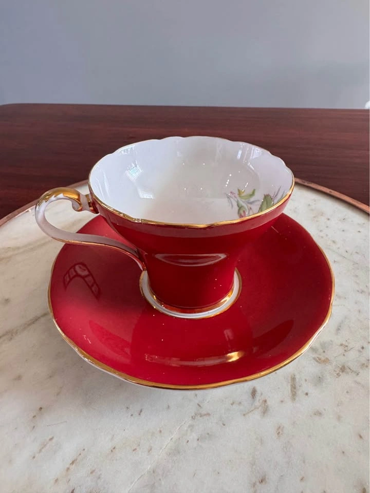 Aynsley Red Tea Cup and Saucer with Pink Rose - photo 4