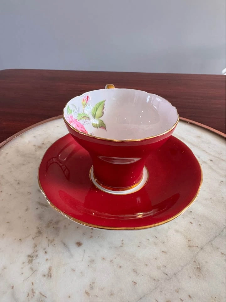 Aynsley Red Tea Cup and Saucer with Pink Rose - photo 5