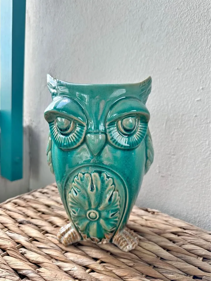 Turquoise Ceramic Owl Planter / Vase thumbnail