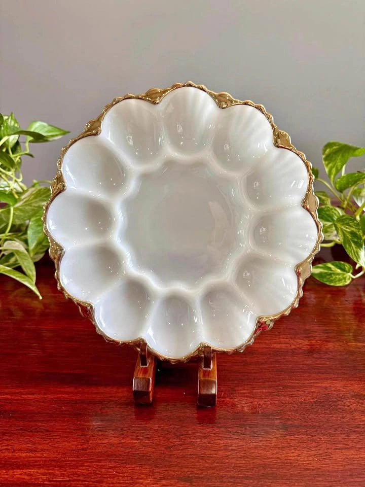 Vintage Milk Glass Serving Platter - Gold Trim - Deviled Eggs