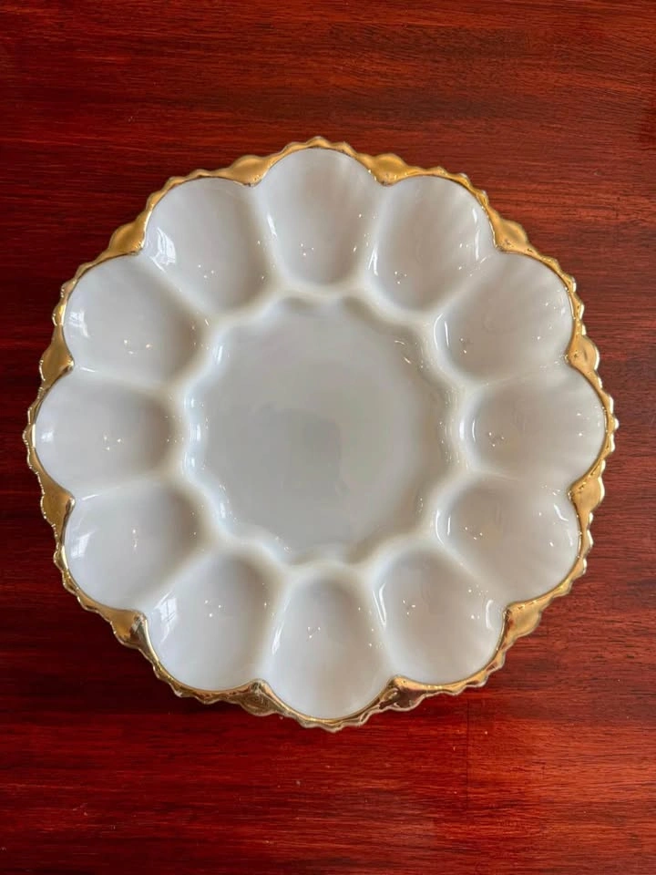 Vintage Milk Glass Serving Platter - Gold Trim - Deviled Eggs - photo 2