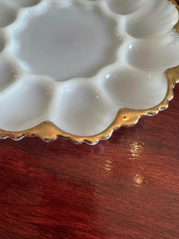 Vintage Milk Glass Serving Platter - Gold Trim - Deviled Eggs - photo 4