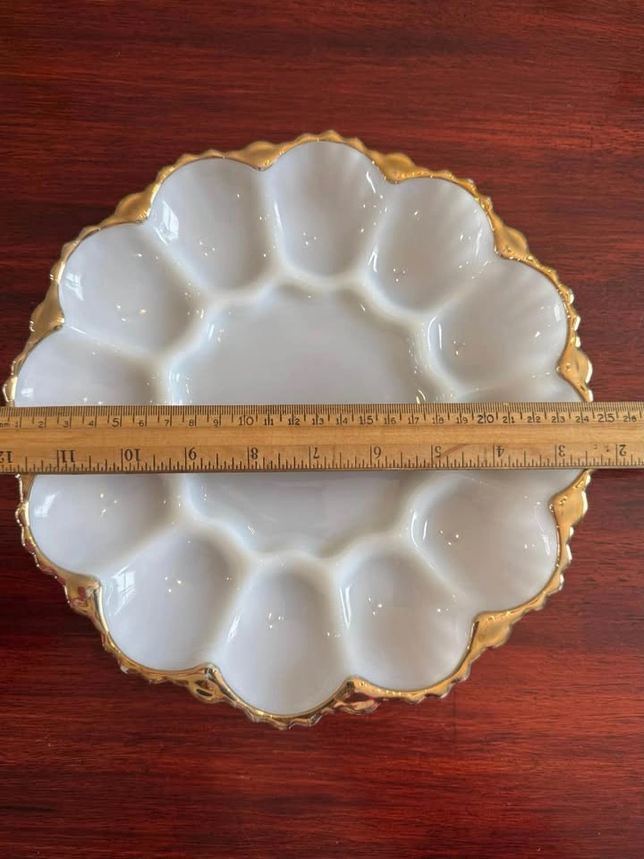 Vintage Milk Glass Serving Platter - Gold Trim - Deviled Eggs - photo 5