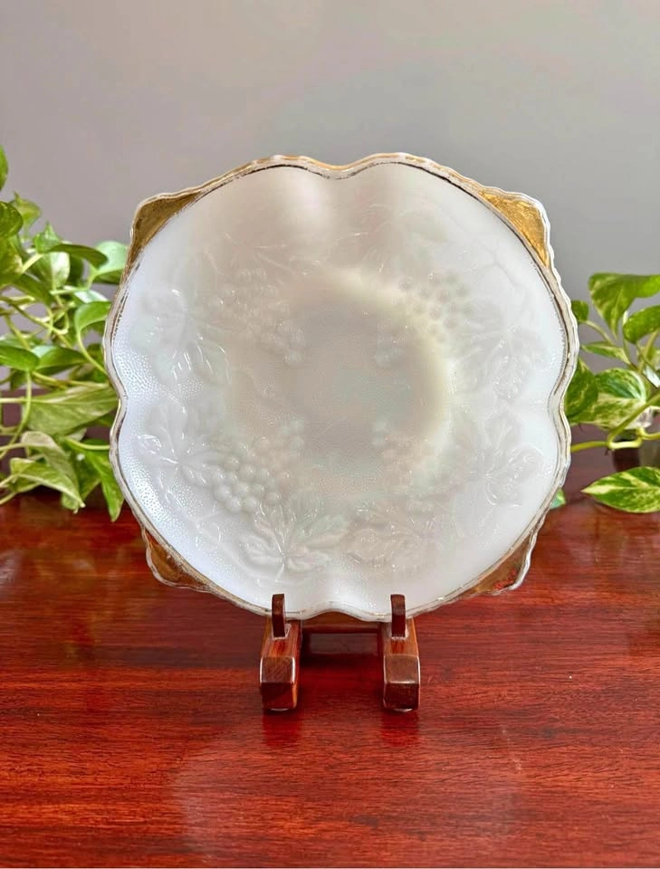 Vintage Milk Glass Serving Platter - Gold Trim - Grapes and Leav