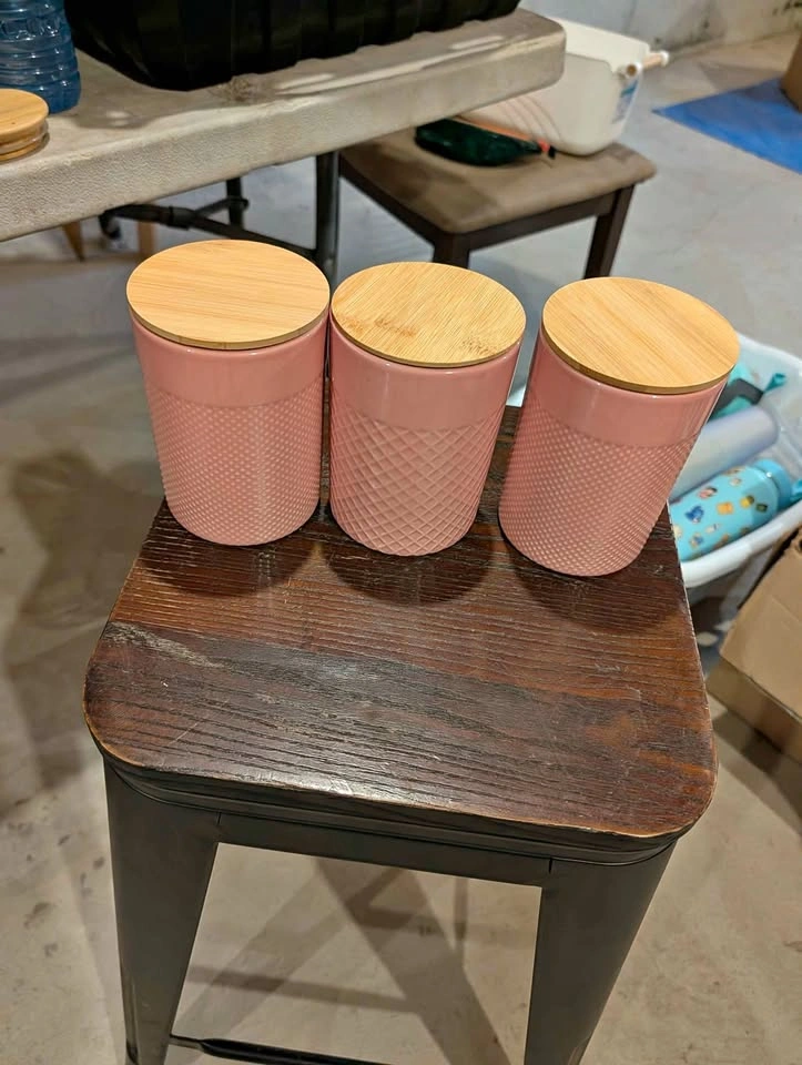 Set of 3 Pink Ceramic Canisters with Bamboo Lids