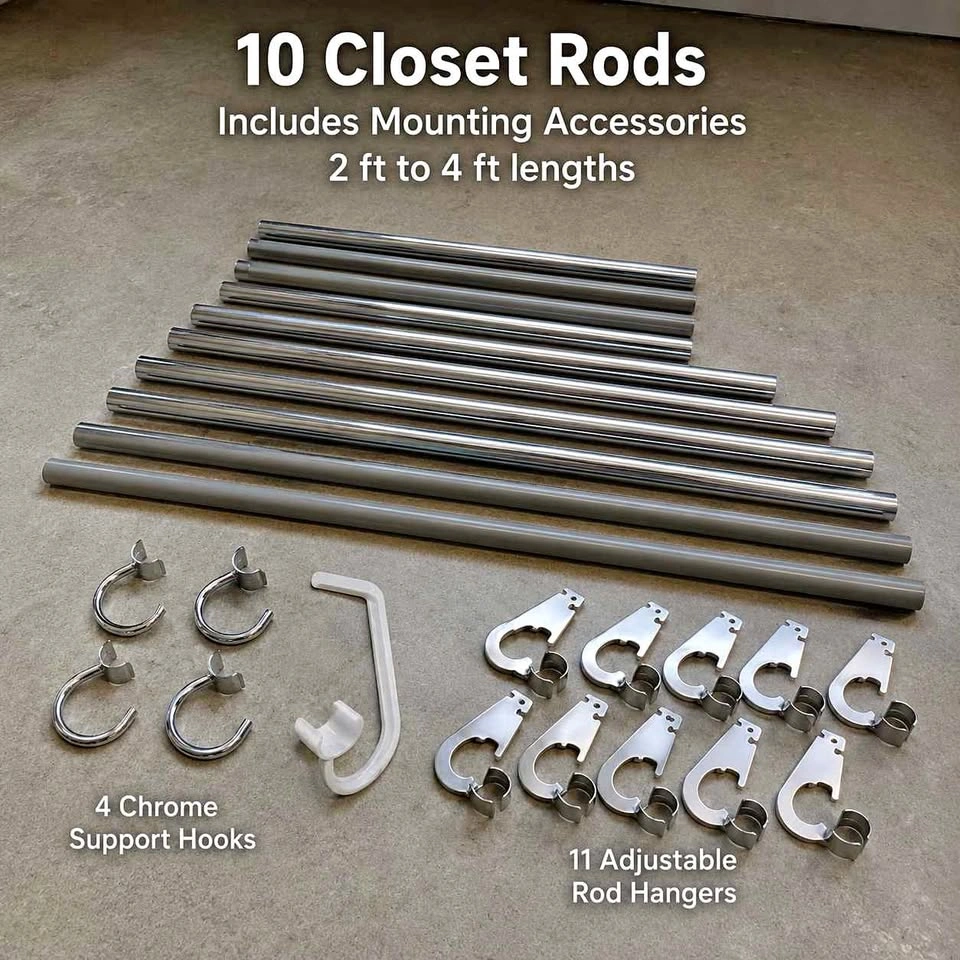 Assorted 10-Piece Closet Rod Lot with Hardware