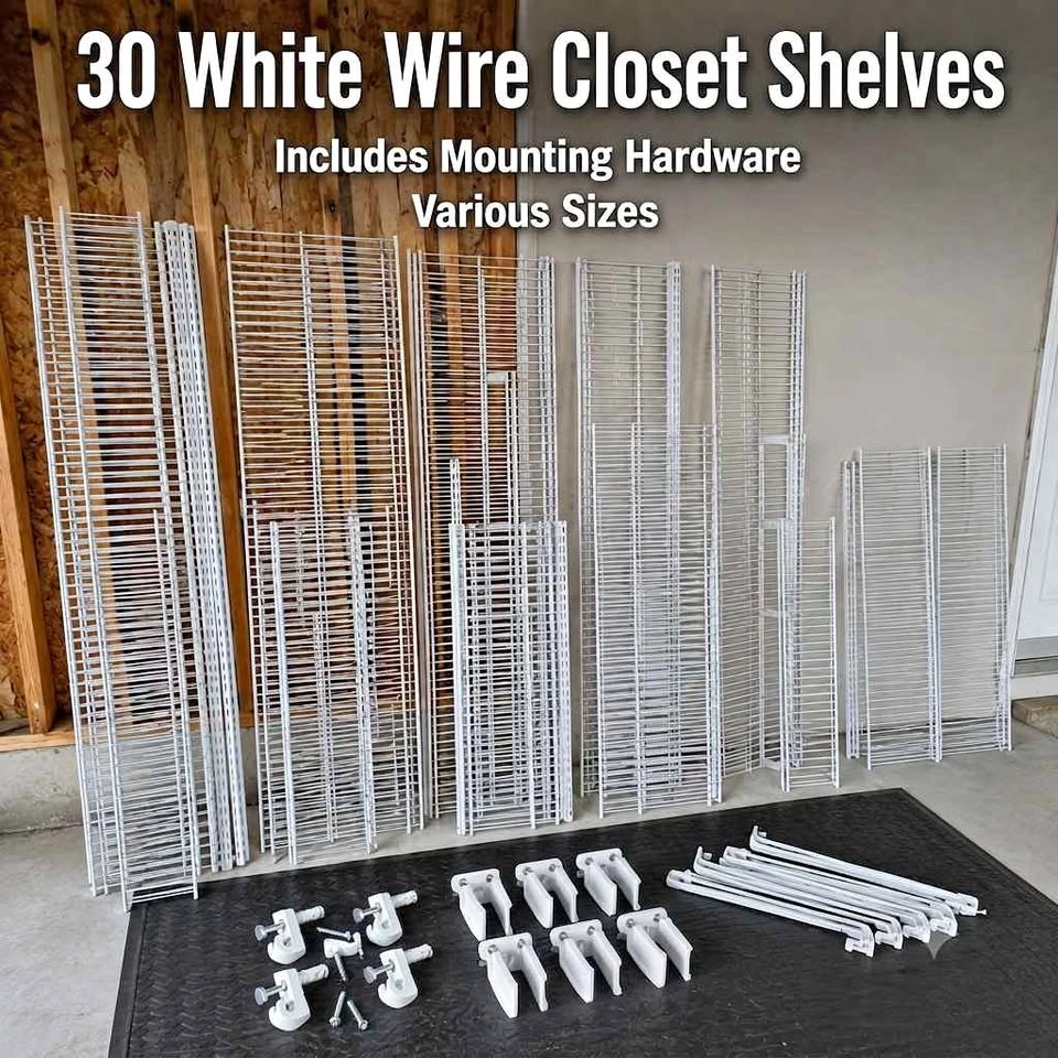 30-Piece White Wire Closet Shelving & Hardware Lot