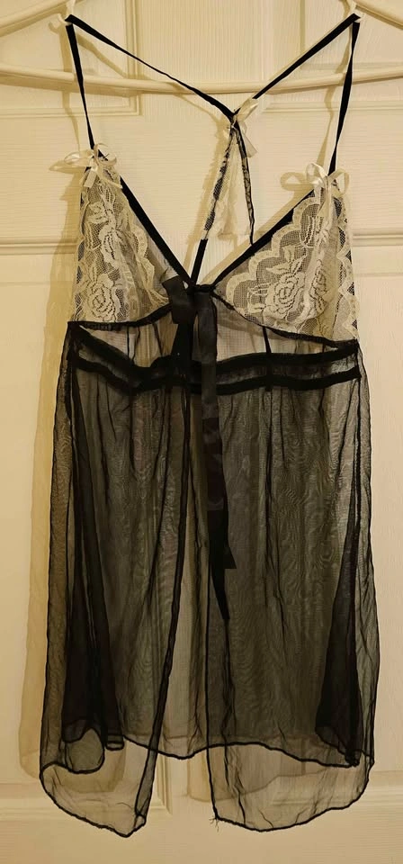 Black & White Lace Mesh Babydoll Lingerie Sleepwear - XL