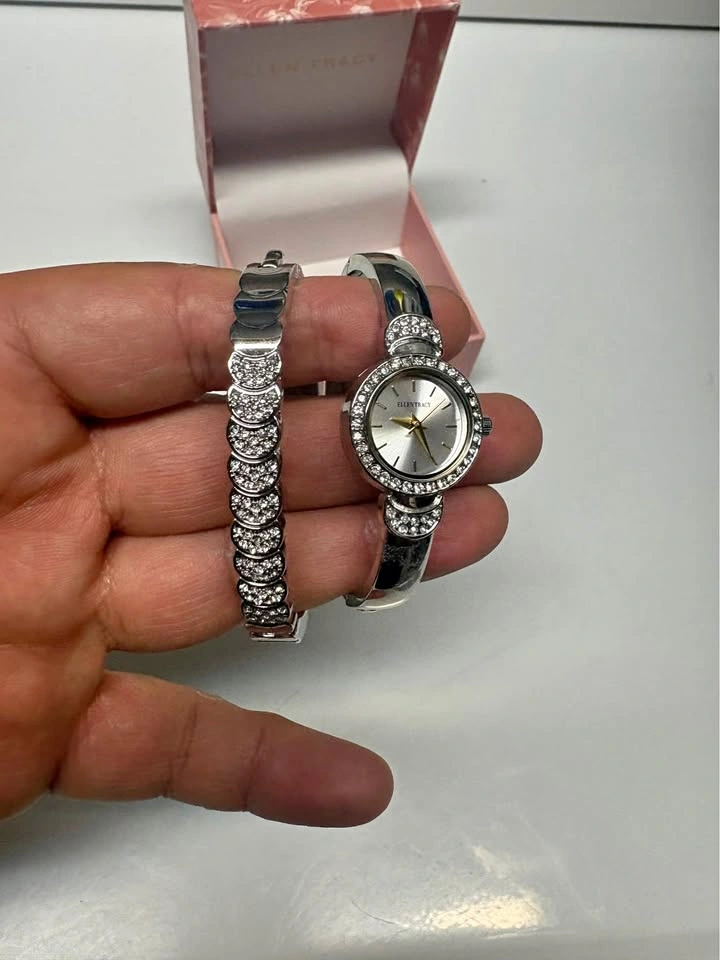 Ellen Tracy Silver Tone Mini Bangle Watch & Matching Bracelet Se