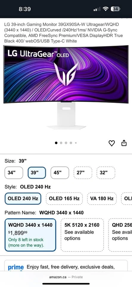 LG 39-inch Gaming Monitor 39GX90SA (OLED)