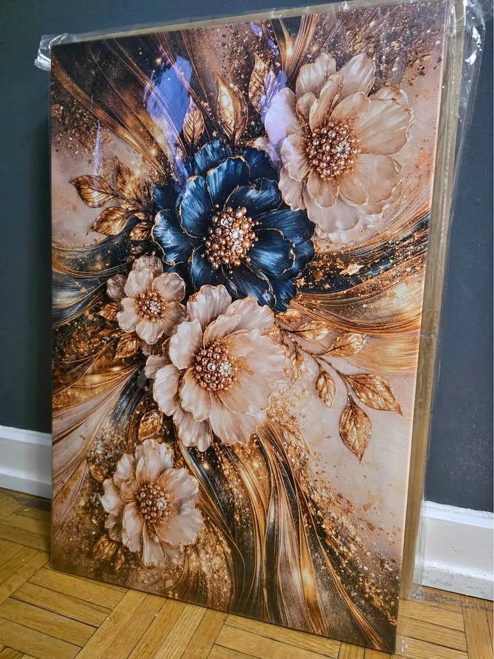 Elegant Floral Canvas Wall Art – Gold & Blue Accents