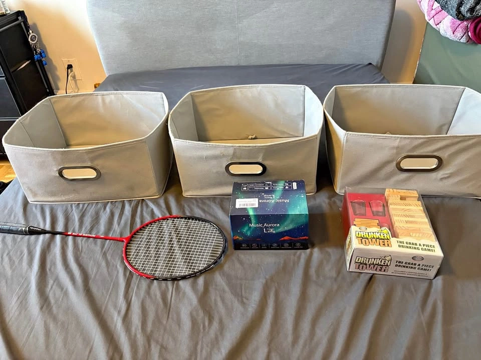 Storage Bins, Badminton Racket, Aurora Projector & Game