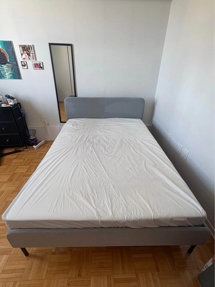 Grey Upholstered Full Size Bed Frame with Mattress