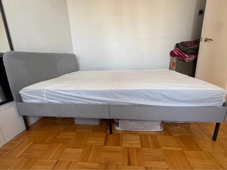 Grey Upholstered Full Size Bed Frame with Mattress - photo 2