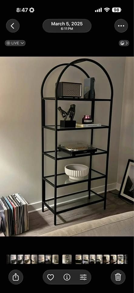 Black metal and glass arch 5 shelf bookshelf