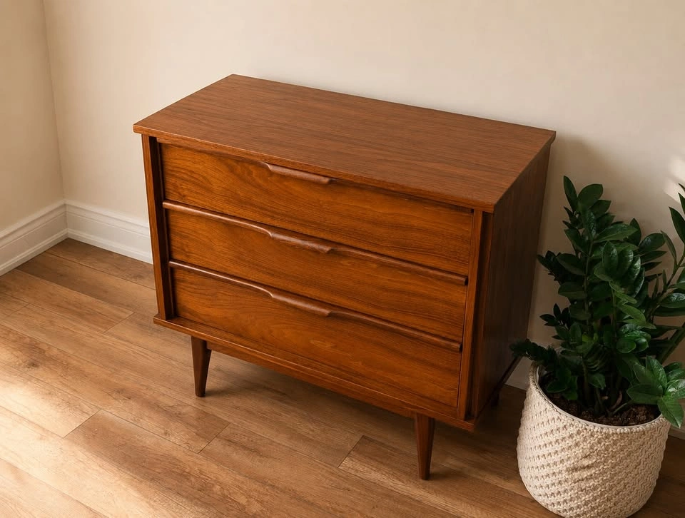 MCM Walnut Oversized Dresser | Vintage 3 Drawer Bachelor Chest - photo 3
