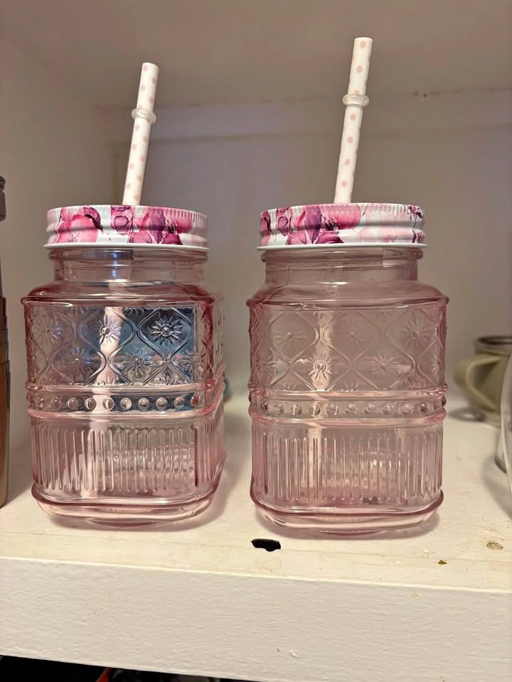 Set of 2 Pink Glass Mason Jar Tumblers