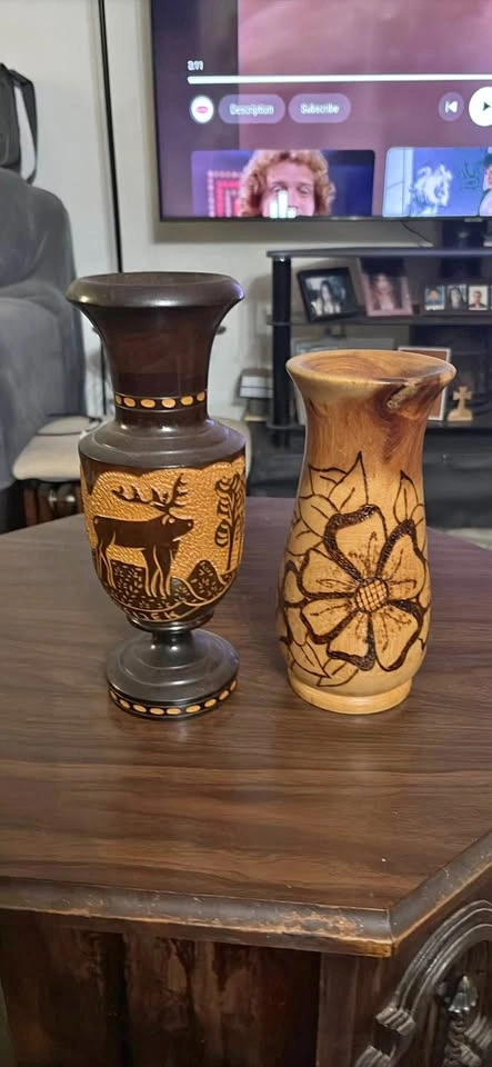 Pair of Hand-Carved Wooden Vases