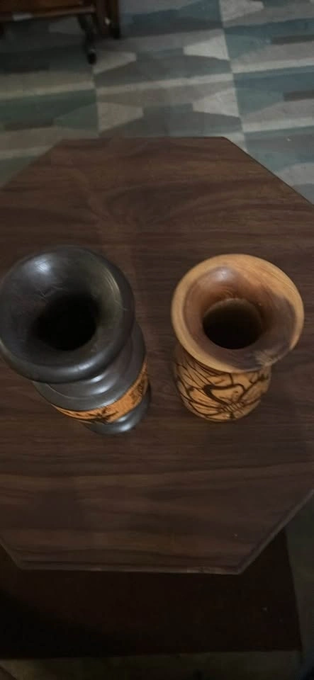 Pair of Hand-Carved Wooden Vases - photo 2