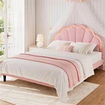 Everly Quinn Full Bed w/ Seashell Headboard Pink Velvet