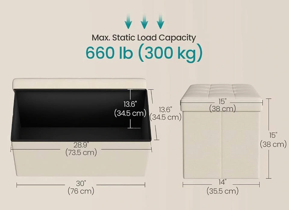 New 76cm Folding Storage Ottoman Bench, 300kg, Cream White - photo 2