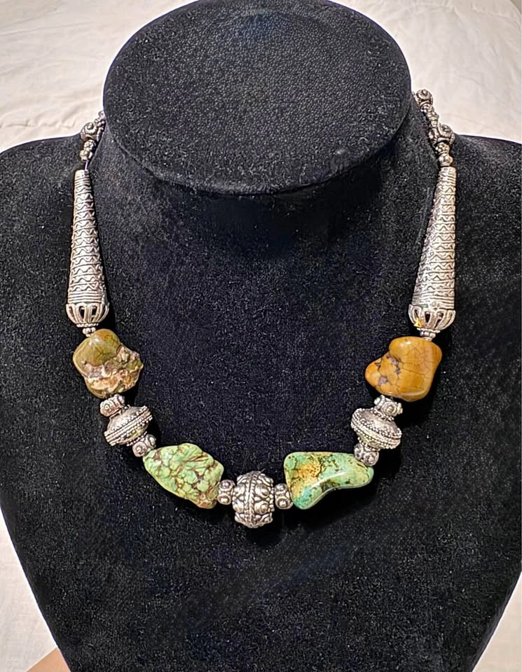 Turquoise & Metal Statement Necklace 18”