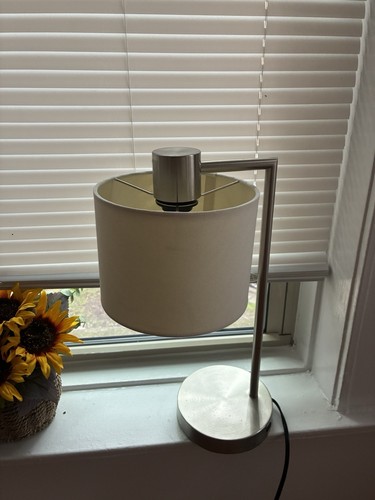 Modern Silver Metal Table Lamp, White Drum Fabric Shade Included