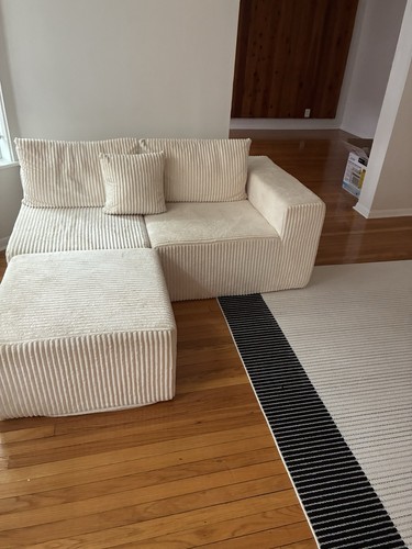 Beige Ribbed Corduroy Modular Sectional Sofa w/ Ottoman