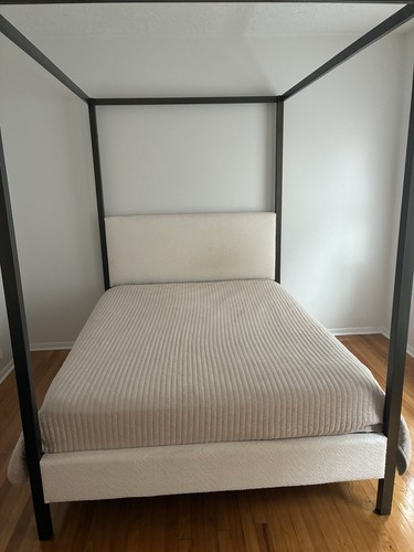 Queen Black Metal Canopy Bed Frame w/ Beige Fabric Upholstered H