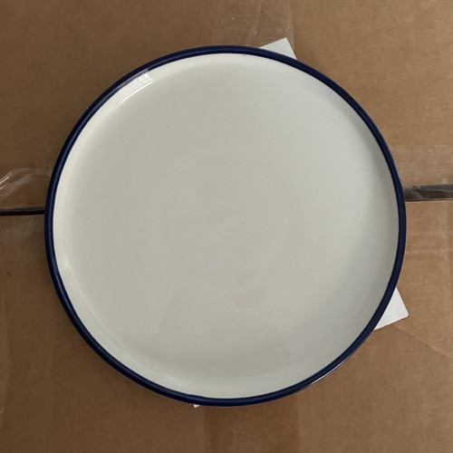 4 in Glass Dinner Plate White w/ Blue Rim, Round Solid, Shiny, M