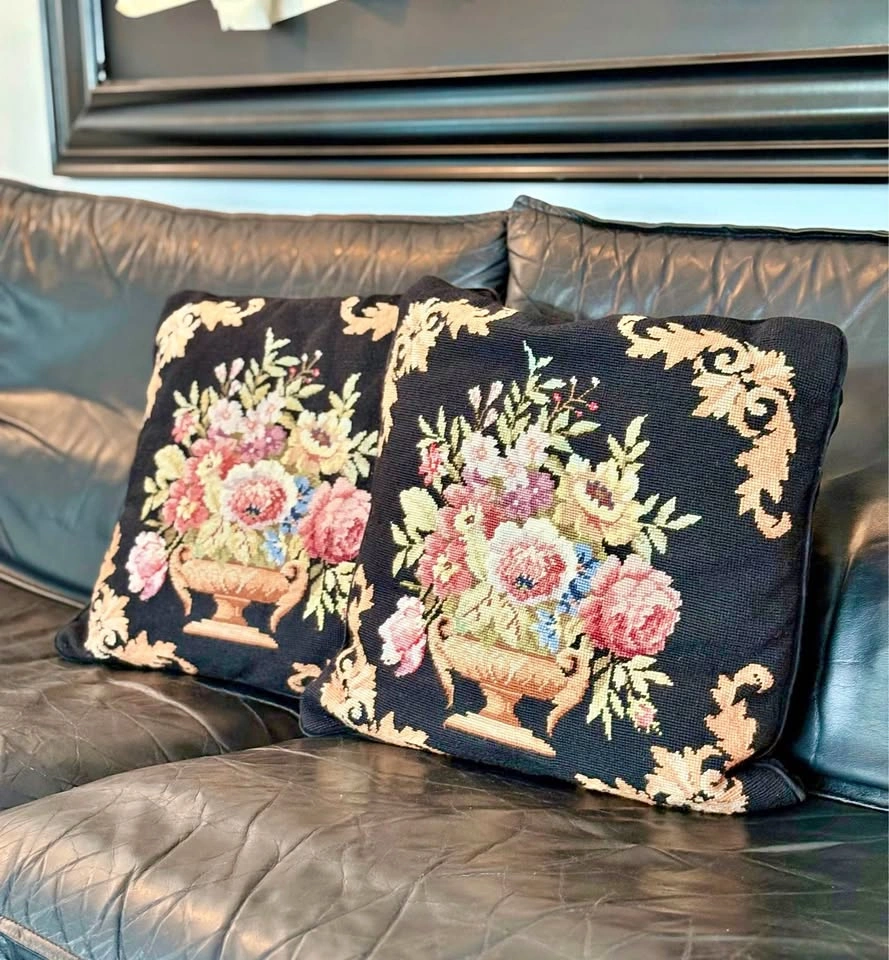 VINTAGE FLORAL NEEDLEPOINT PILLOW SET!