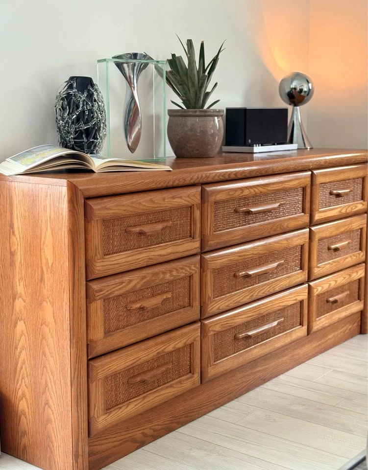 MCM SOLID OAK WOOD VINTAGE 9 DRAWER DRESSER WITH RATTAN FRONTS! - photo 2