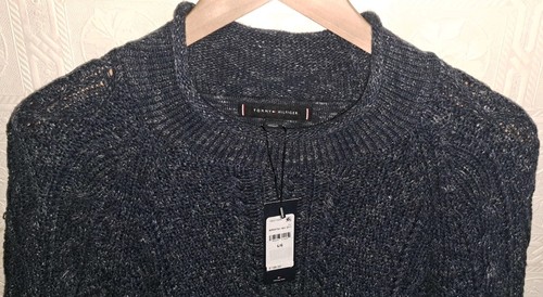 Tommy Hilfiger Men's LG 100% Cotton Indigo Cable-Knit Sweater
