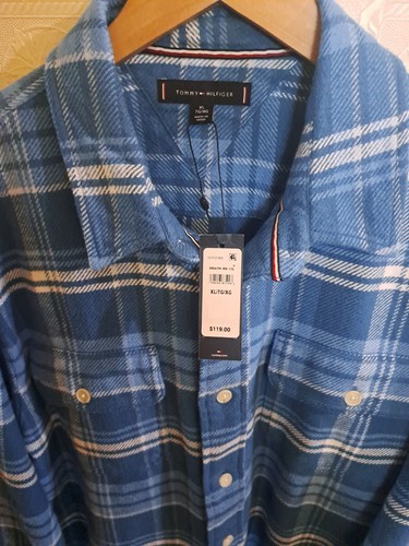 Tommy Hilfiger, men's 100%, thick cotton, Ice blue plaid shirt,