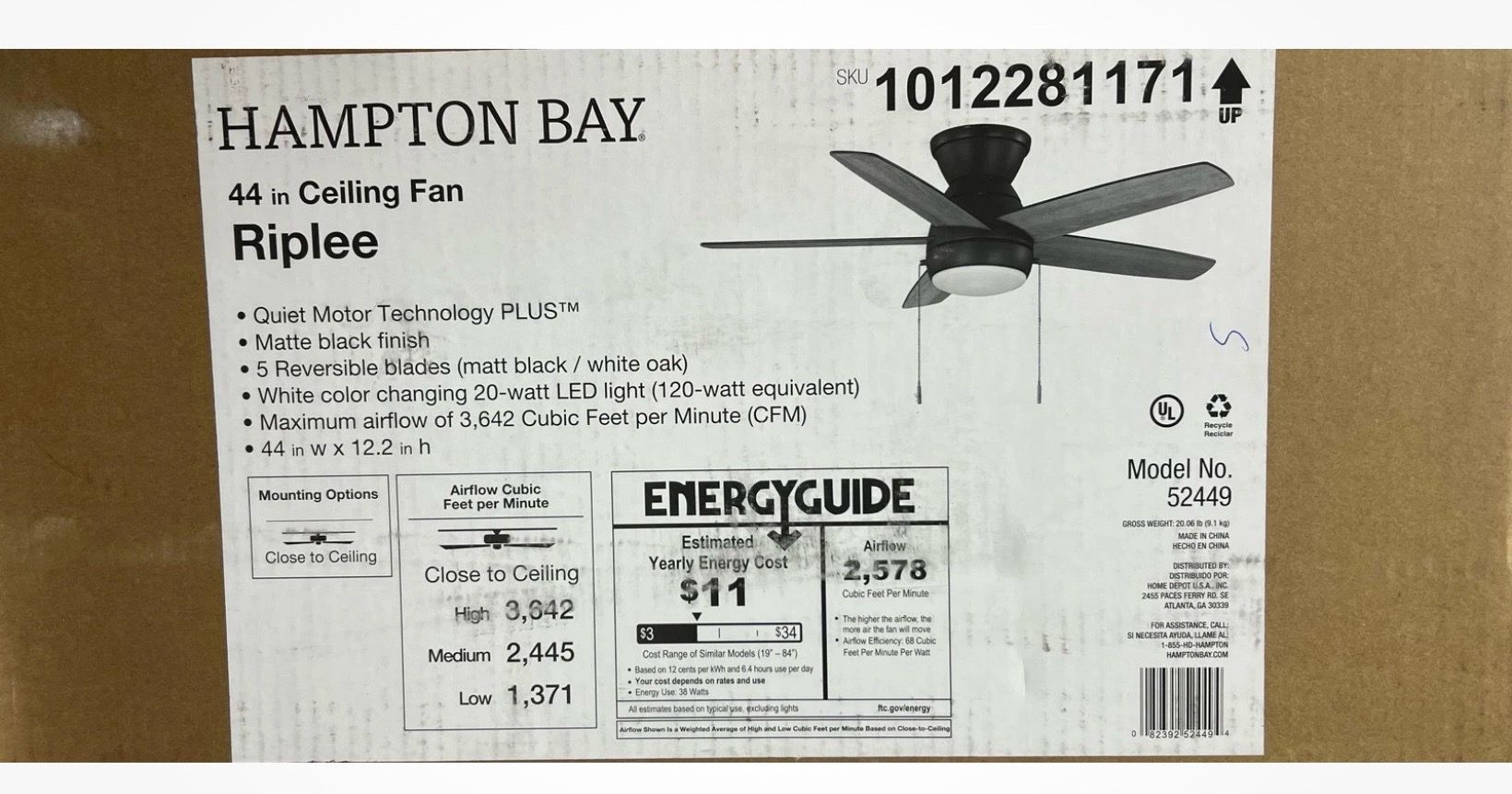 Hampton Bay 44 in Indoor Matte Black Ceiling Fan - New