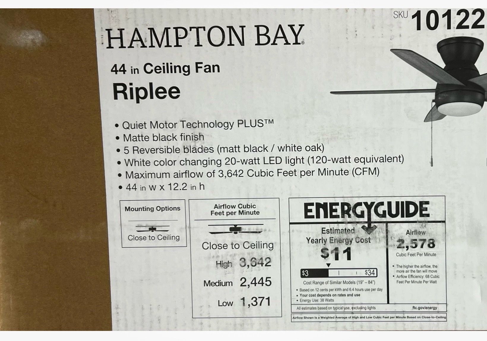Hampton Bay 44 in Indoor Matte Black Ceiling Fan - New - photo 2