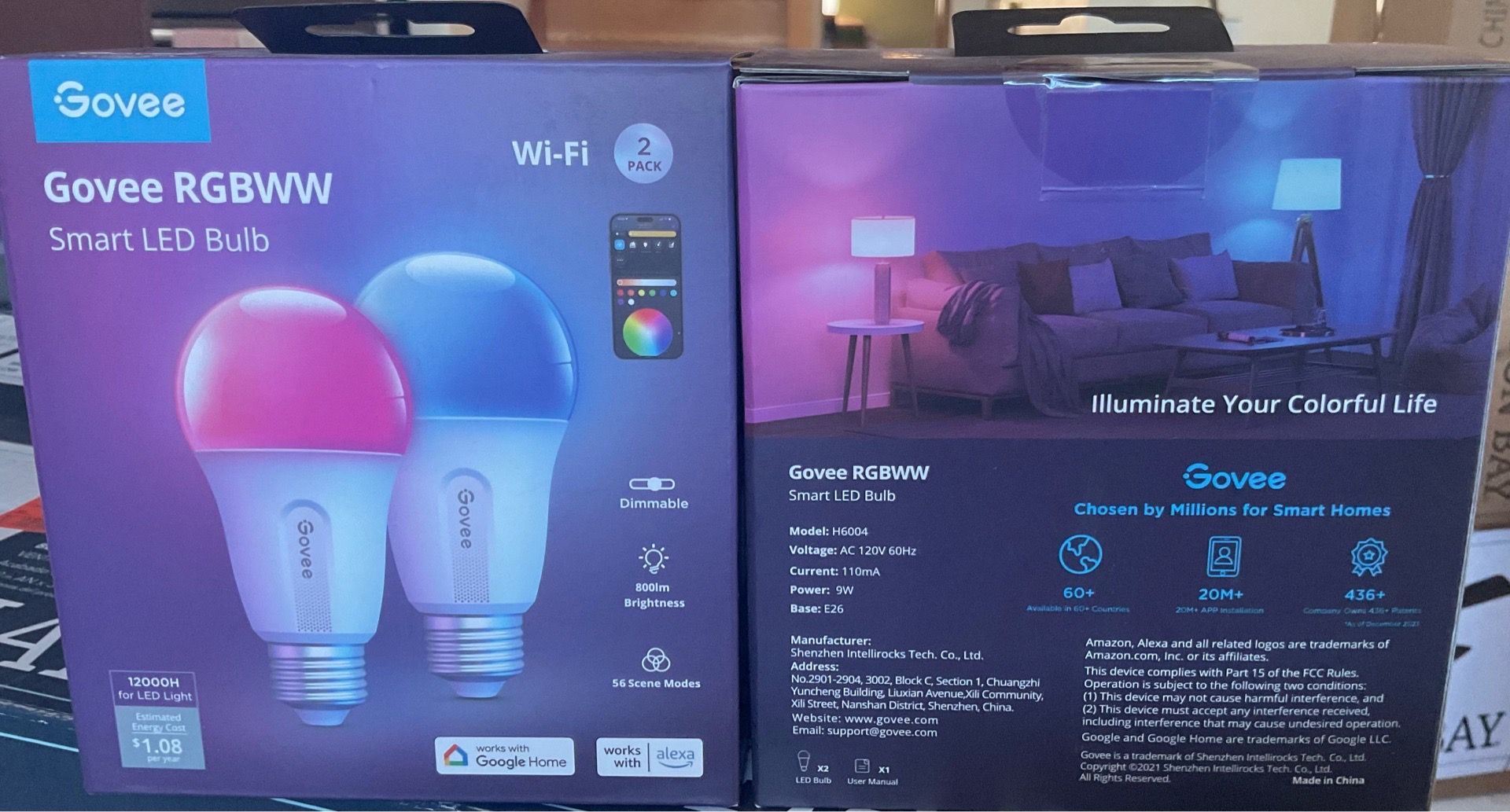 Govee WiFi RGBWW Smart A19 LED Bulb 800LM 60W Eq 2 Pack - New