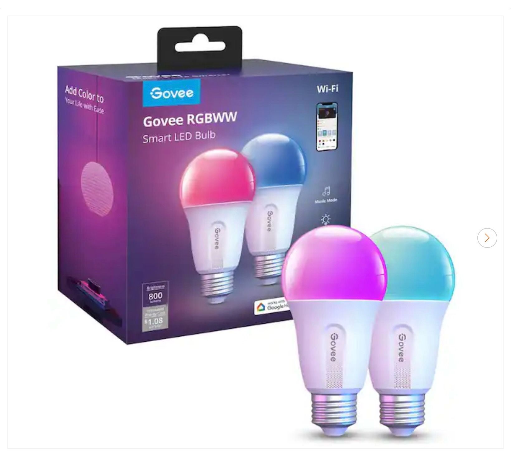 Govee WiFi RGBWW Smart A19 LED Bulb 800LM 60W Eq 2 Pack - New - photo 2