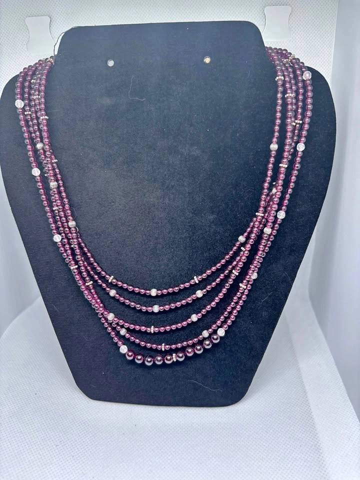 Multi-Strand Garnet and Silver-Tone Bead Necklace