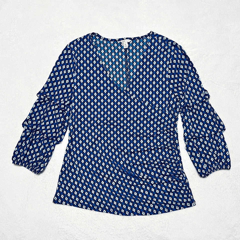Cato Ruched V Neck Top Women's Stretch Blouse / Blue White / Siz