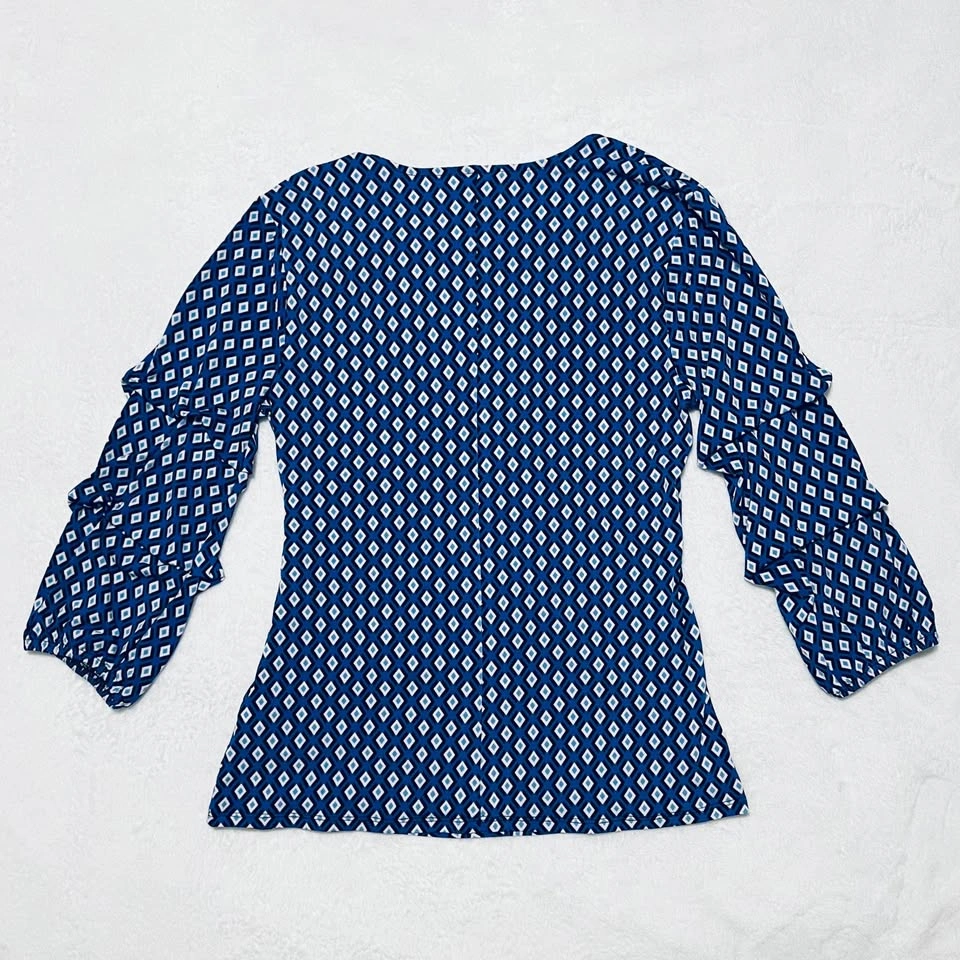 Cato Ruched V Neck Top Women's Stretch Blouse / Blue White / Siz - photo 2