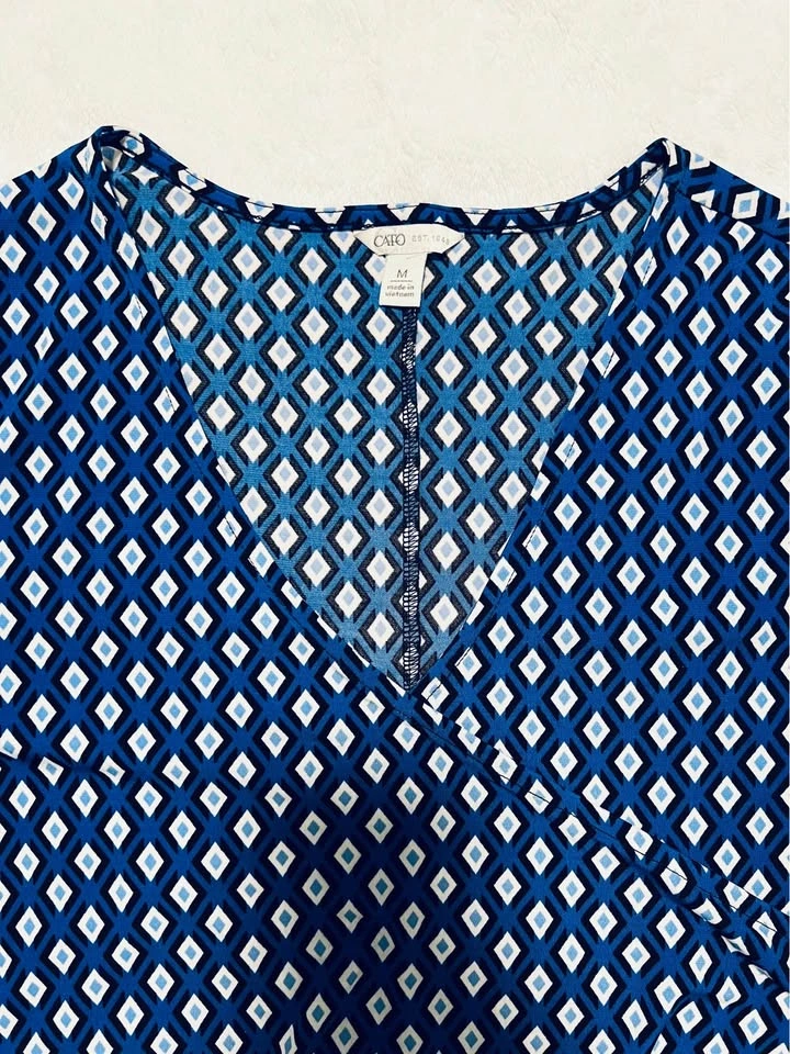 Cato Ruched V Neck Top Women's Stretch Blouse / Blue White / Siz - photo 3