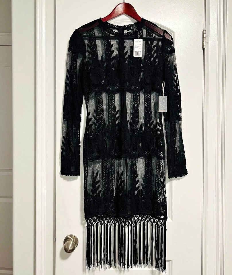 Forever 21 Black Sheer Embroidery Fringe Cocktail Dress Size L