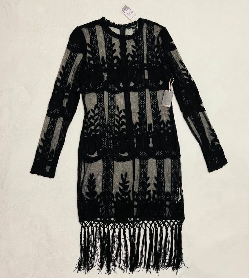 Forever 21 Black Sheer Embroidery Fringe Cocktail Dress Size L - photo 2